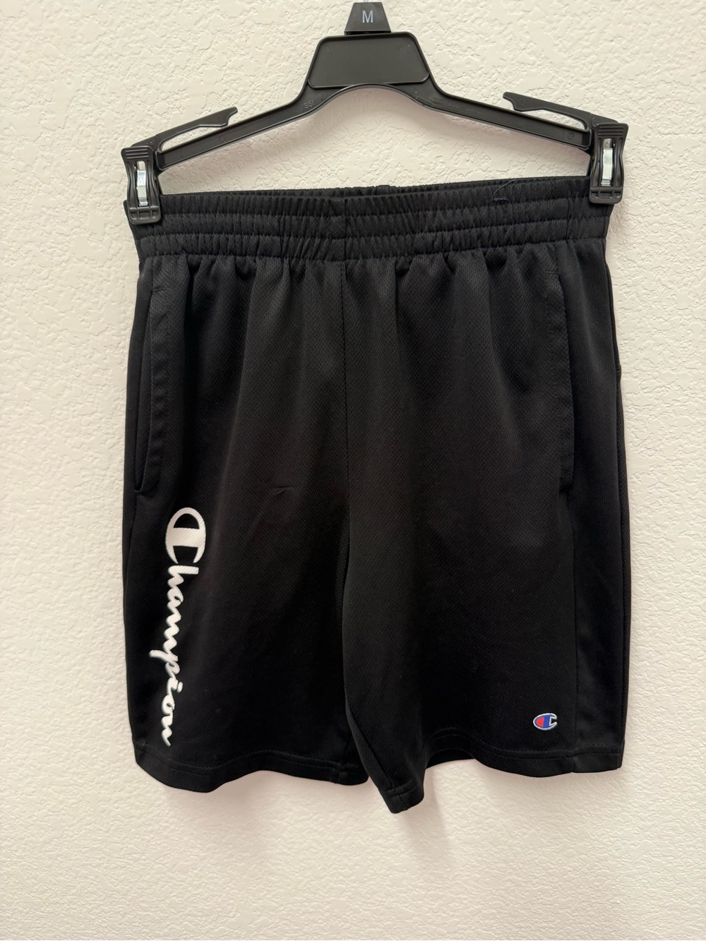 Champion Boys Black Athletic Shorts with White Script Logo